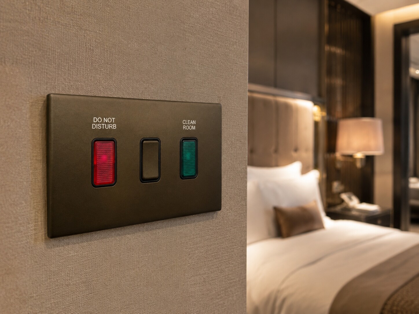 Hotel bedroom lifestyle image featuring a bespoke do-not-disturb control plate